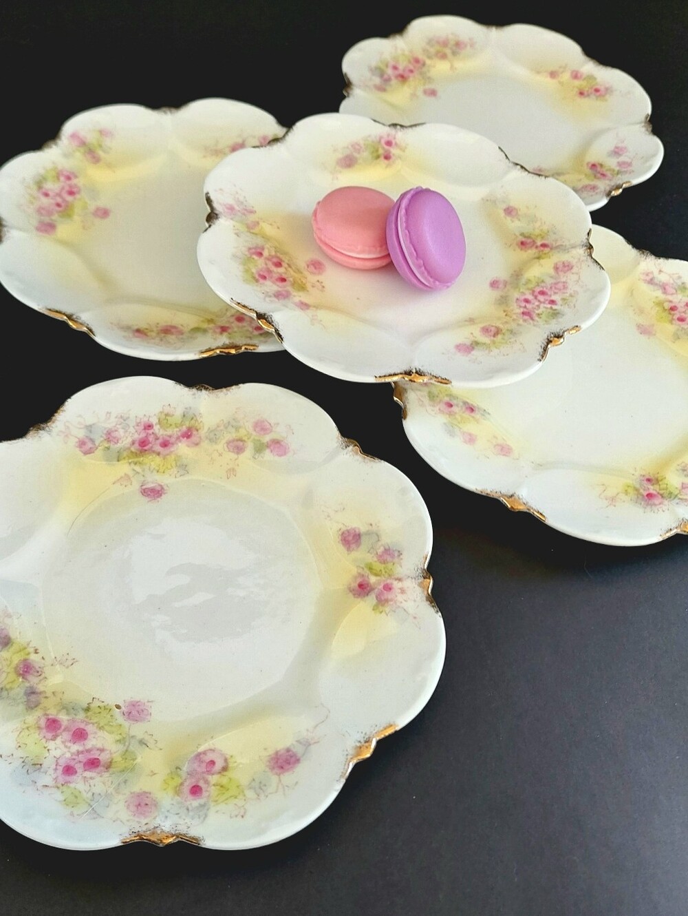 Antique Nancy Floral Plates Set of 5 Small 7" Edwardian Semi Porcelain Dishes